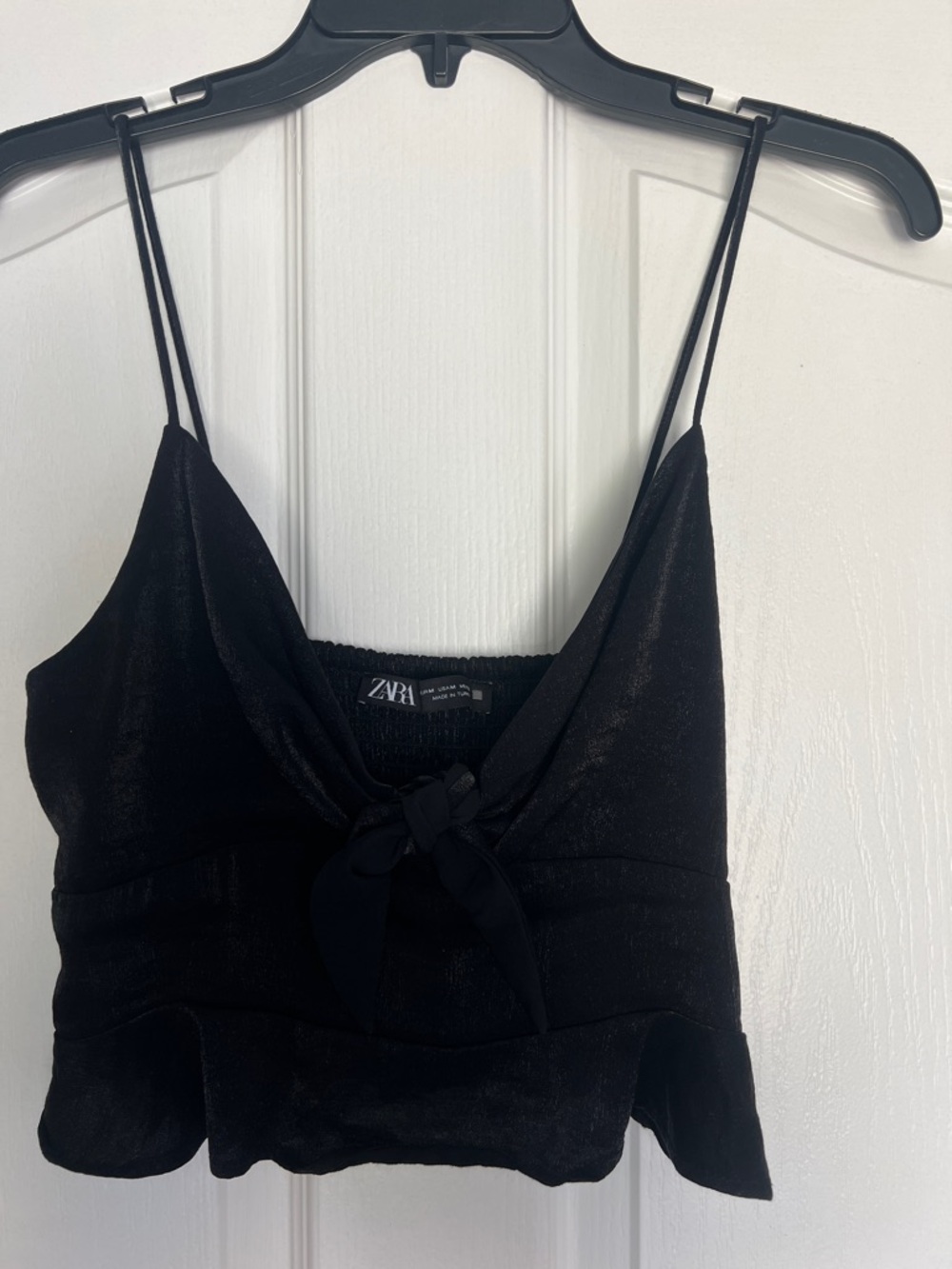 Zara Black Satin Tie-Front Cropped Cami Top
